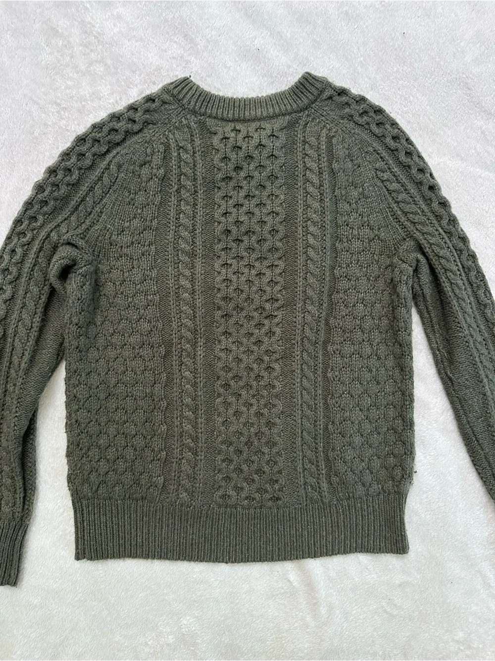 J.Crew Olive Green Cable Knit Sweater Women’s Crew Neck Pom Pom Textured Long XS
